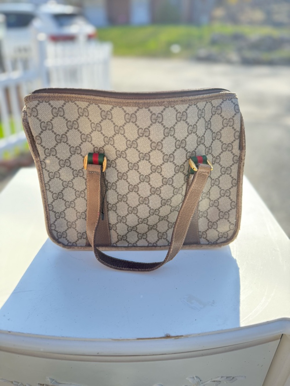 Gucci Beige GG Canvas Tote with Brown Trim and Green-Red Web